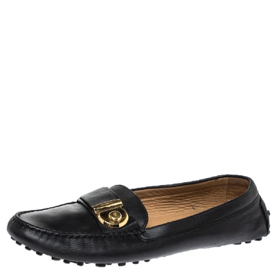 Pre-owned Ferragamo Black Leather Gancio Lock Slip On Loafers Size 40.5