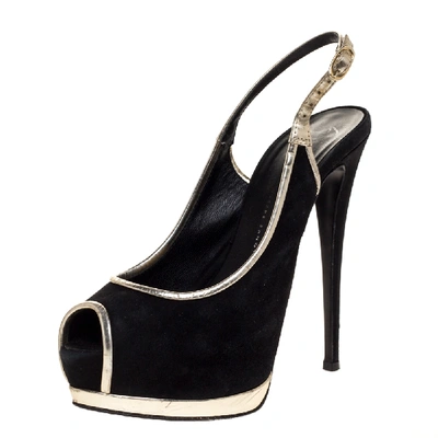 Pre-owned Giuseppe Zanotti Guiseppe Zannotti Black Suede And Silver Leather Trim Peep Toe Slingback Platform Sandals Size 38