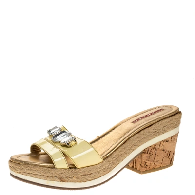 Pre-owned Prada Yellow Patent Leather Cork Wedge Espadrille Slide Sandals Size 38.5