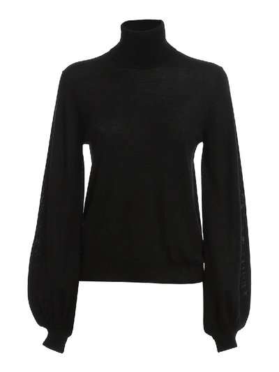 Shop P.a.r.o.s.h Puffed Sleeve Wool Blend Turtleneck In Black