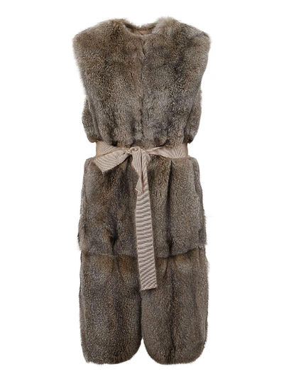 Shop P.a.r.o.s.h Fox Fur Long Waistcoat In Grey In Beige