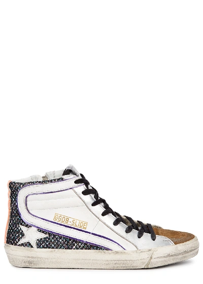 Shop Golden Goose Slide Distressed Leather Hi-top Sneakers In White And Black