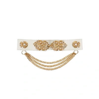 Shop Alessandra Rich Ivory Embellished Leather Waist Belt In Gold