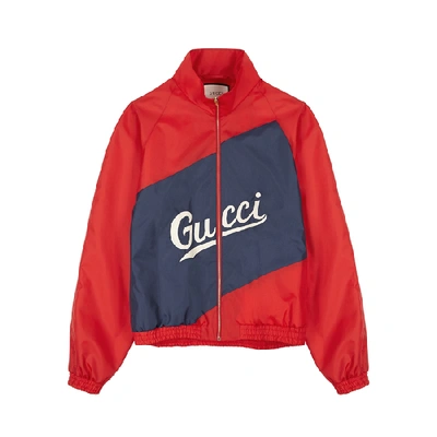 Shop Gucci Red Logo-embroidered Shell Bomber Jacket In Navy