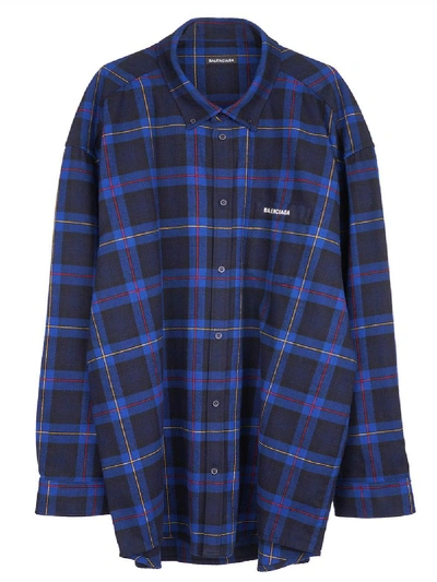 Shop Balenciaga Blue Over-sized Check Print Flannel Shirt