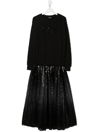 Shop Balmain Teen Sequin-embellished Contrast Dress In Black