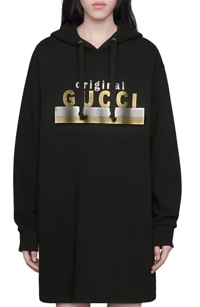 Shop Gucci Metallic Logo Long Sleeve Hoodie Dress In Black/ Multicolor