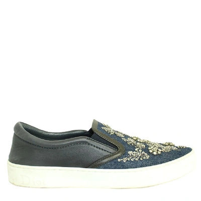 Pre-owned Dior Blue Crystal Embellished Dark Wash Denim And Leather Happy Slip On Sneakers In Multicolor