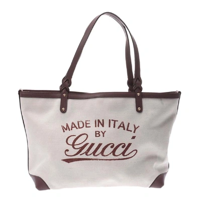 Pre-owned Gucci White/brown Raffia Canvas Craft Tote Bag