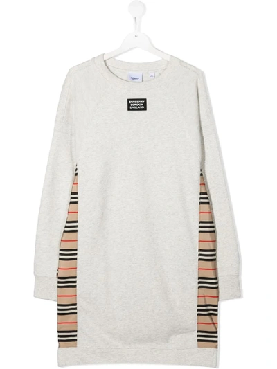 Shop Burberry Teen Check Panel Sweatshirt Dress In Grey