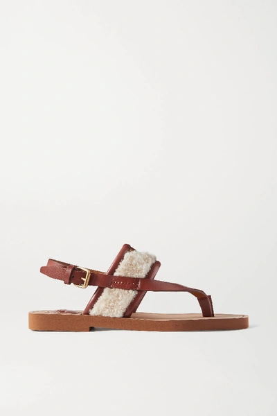 Shop Chloé Woody Shearling And Leather Sandals In Beige