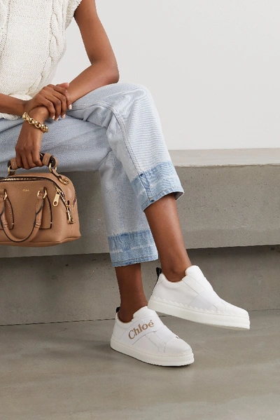 Shop Chloé Lauren Logo-embroidered Leather Sneakers In White
