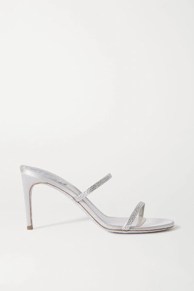 Shop René Caovilla Bessie Crystal-embellished Satin Mules In Silver