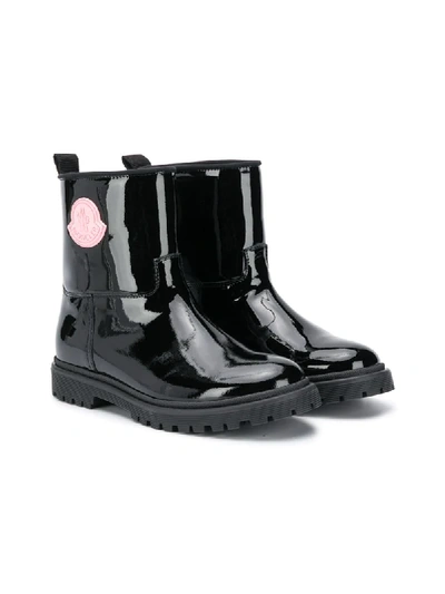 Shop Moncler Patent Leather Logo Ankle Boots In Black