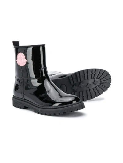 Shop Moncler Patent Leather Logo Ankle Boots In Black