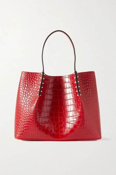 Shop Christian Louboutin Cabarock Small Spiked Croc-effect Leather Tote In Red