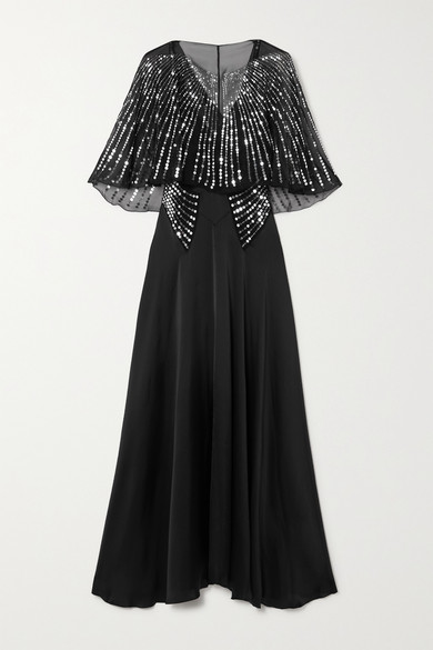 embellished cape maxi dress