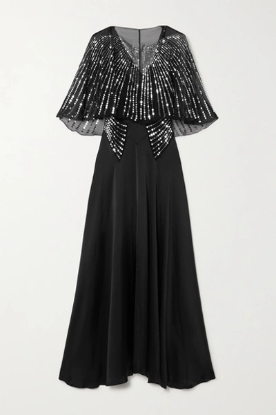 Shop Paco Rabanne Cape-effect Sequin-embellished Tulle And Silk-satin Maxi Dress In Black