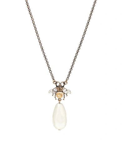 Shop Gucci Bee Faux Pearl And Crystal-embellished Necklace In Gold
