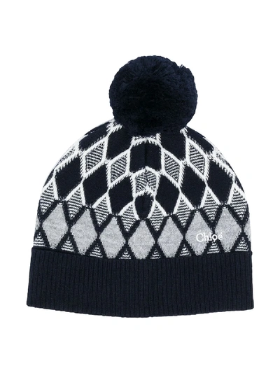 Shop Chloé Diamond Pattern Beanie In Blue