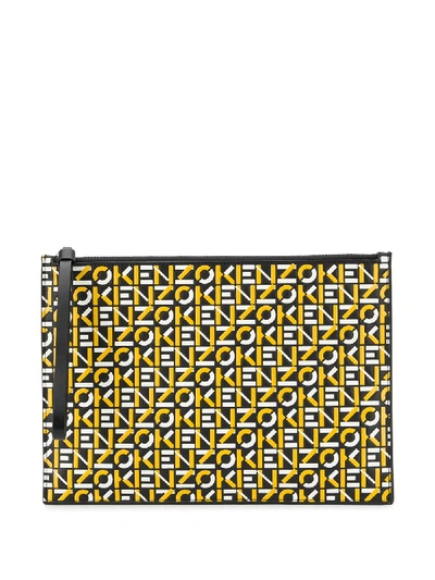 Shop Kenzo Logo Print Leather Clutch Bag In Yellow