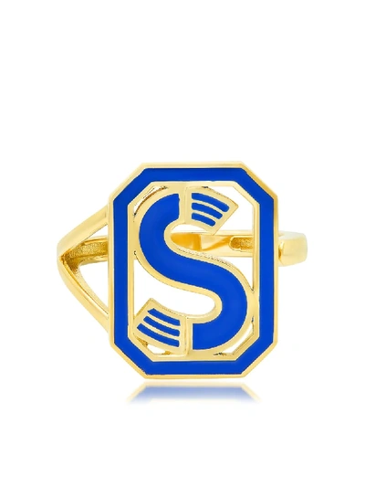Shop Colette 18kt Yellow Gold Gatsby S Initial Blue Enamel Ring In Silver