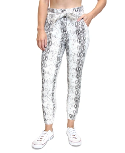 Shop Almost Famous Juniors' Snakeskin-print Paperbag-waist Jogger Jeans In Wht