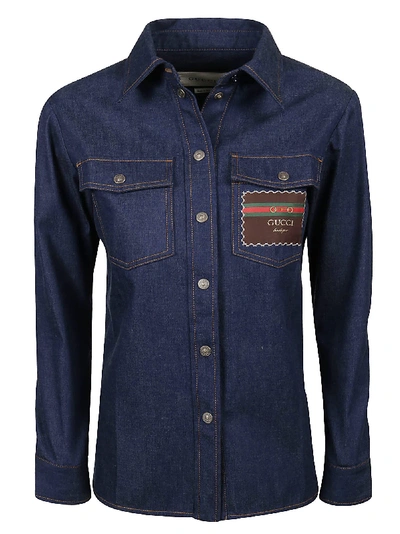 Shop Gucci Patched Denim Shirt In Dark Blue