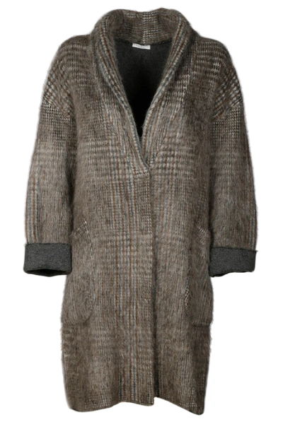 Shop Brunello Cucinelli Fur Applique Check Cardigan In Tortora