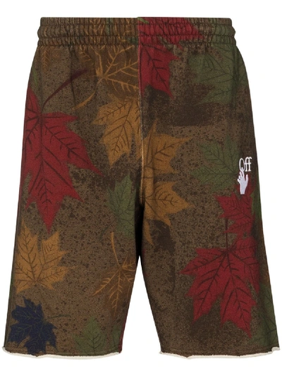 Shop Off-white Leaf-print Cotton Shorts In Brown