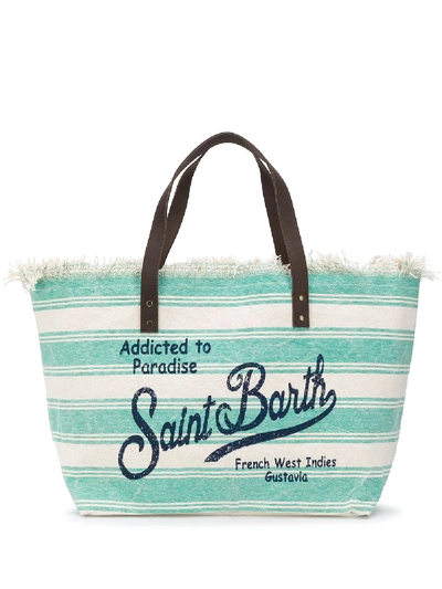 Shop Mc2 Saint Barth Striped Logo Print Beach Bag In Neutrals