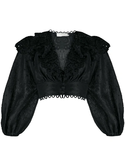 Shop Zimmermann Bellitude Ruffled Cropped Blouse In Black