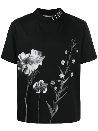 Shop Valentino Vltn Floral-print T-shirt In Black