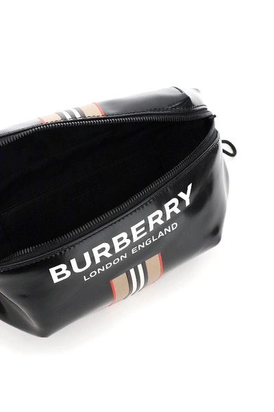 Shop Burberry Sonny Medium Beltpack Stripe Print In Black,beige,white