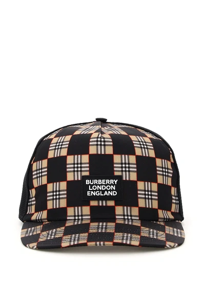 Shop Burberry Checkerboard Baseball Hat In Beige,black,white