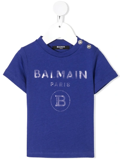 Shop Balmain Faded Logo Print T-shirt In Blue