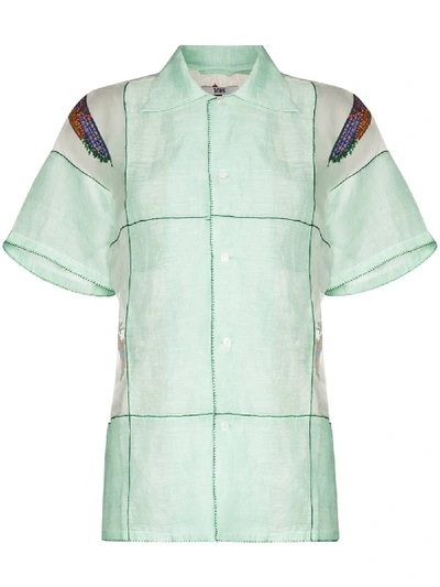 Shop Bode Embroidered Linen Bowling Shirt In Green