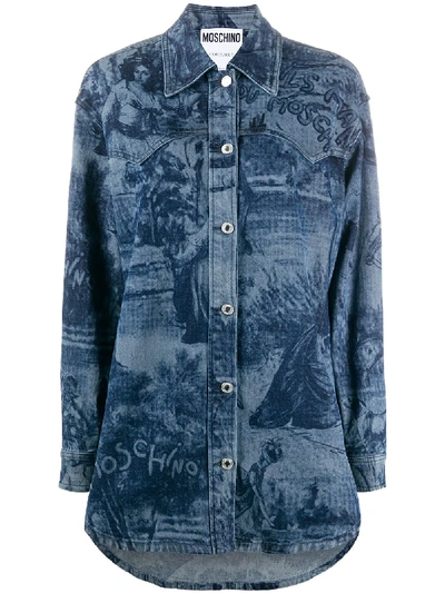 Shop Moschino Graphic-print Denim Shirt In Blue