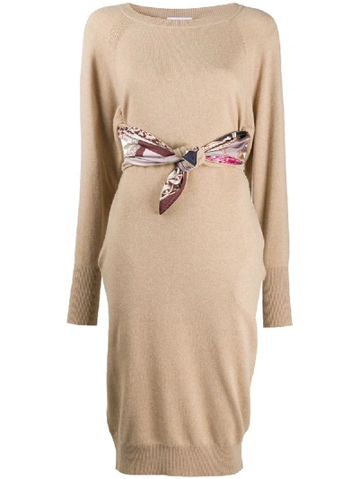 Shop Ferragamo Cashmere Scarf Print Dress In Neutrals