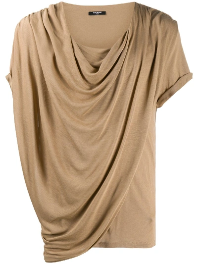 Shop Balmain Draped-detail Short-sleeve T-shirt In Brown