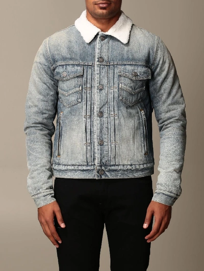 Shop Balmain Denim Jacket With Fur Collar