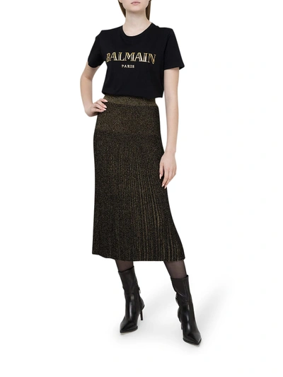 Shop Balmain Pleated Lurex Midi Skirt In Ead Noir Or