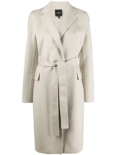 Shop Theory Long-sleeved Belted Coat In Neutrals