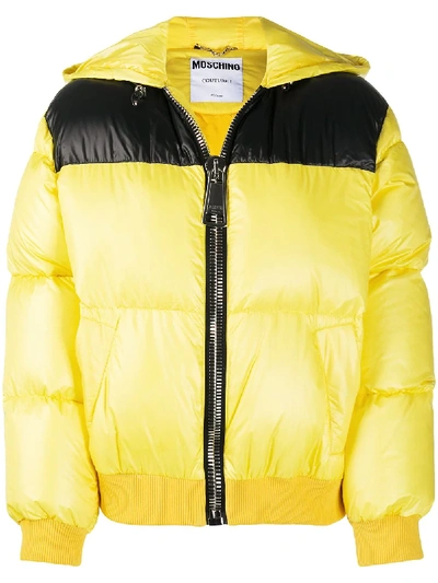 Shop Moschino Cropped Logo Print Puffer Jacket In Yellow