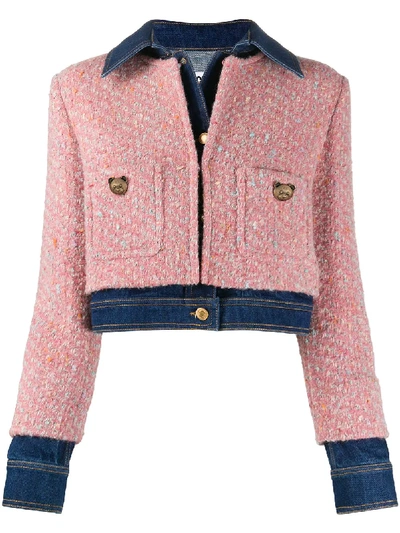 Shop Moschino Tweed-overlay Denim Jacket In Pink