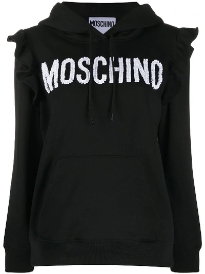 Shop Moschino Logo-embellished Frill-trim Hoodie In Black