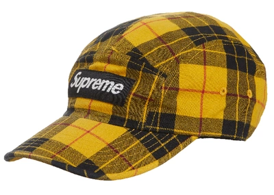 Pre-owned Supreme Washed Chino Twill Camp Cap (fw20) Yellow Tartan