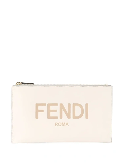 Shop Fendi Debossed Logo Clutch Bag In Neutrals
