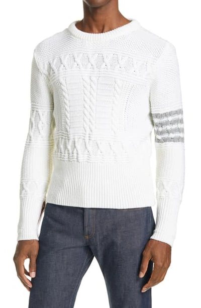 Shop Thom Browne 4-bar Merino Wool Aran Sweater In White