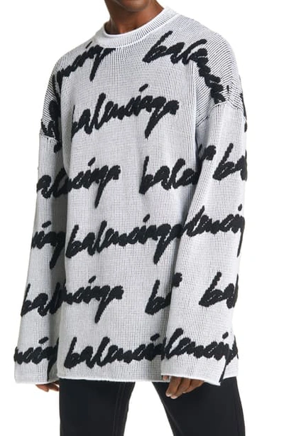 Shop Balenciaga Logo Jacquard Sweater In White/ Black